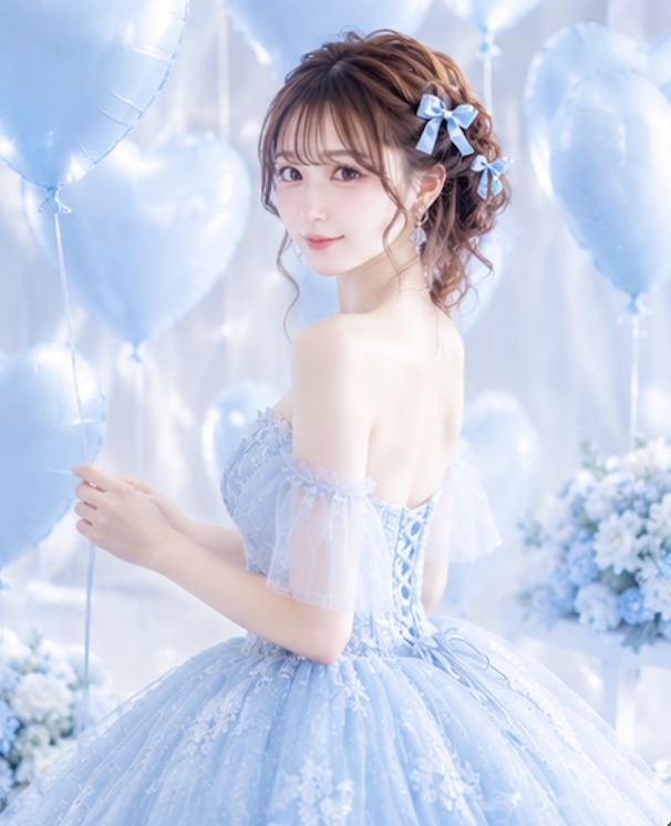 Sayaka holding a blue heart balloon