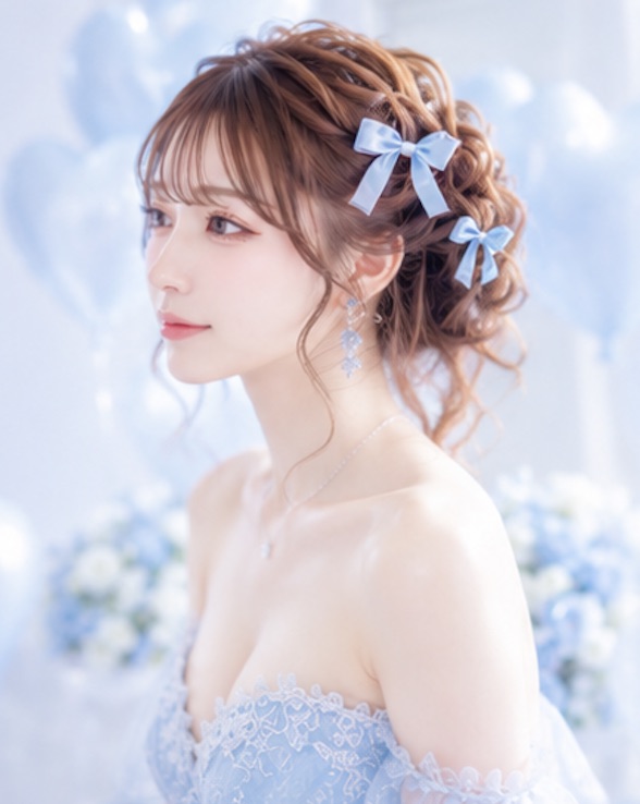 Sayaka side profile with blue ribbons