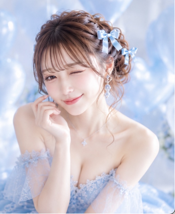 Sayaka winking in an ice blue dress